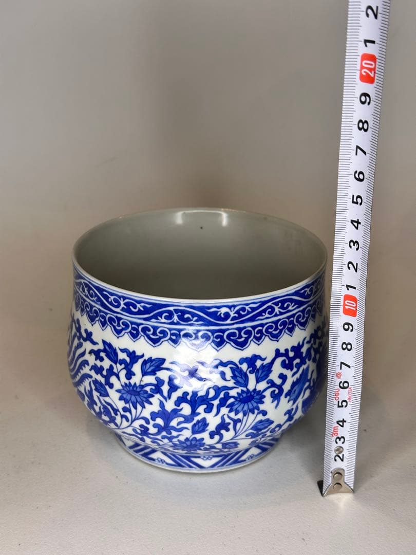 大清道光年製 底款　青花染付　鳳凰文　小缸　中国古美術