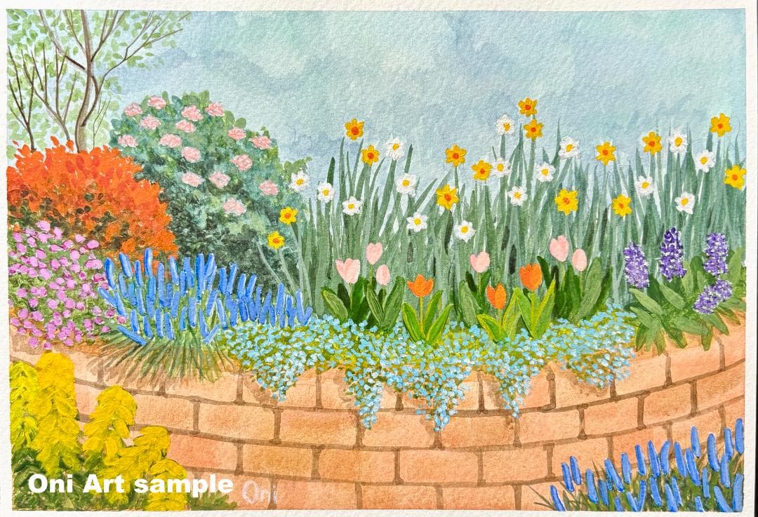 アクリル画　原画　「小さな花壇04」額縁付　SMサイズ　風景画