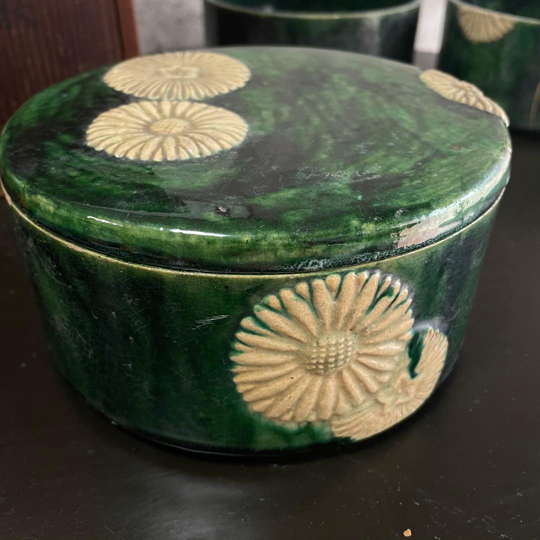陶器　三段重　アンティーク　骨董品　貫入　金継ぎ　焼物　蓋物
