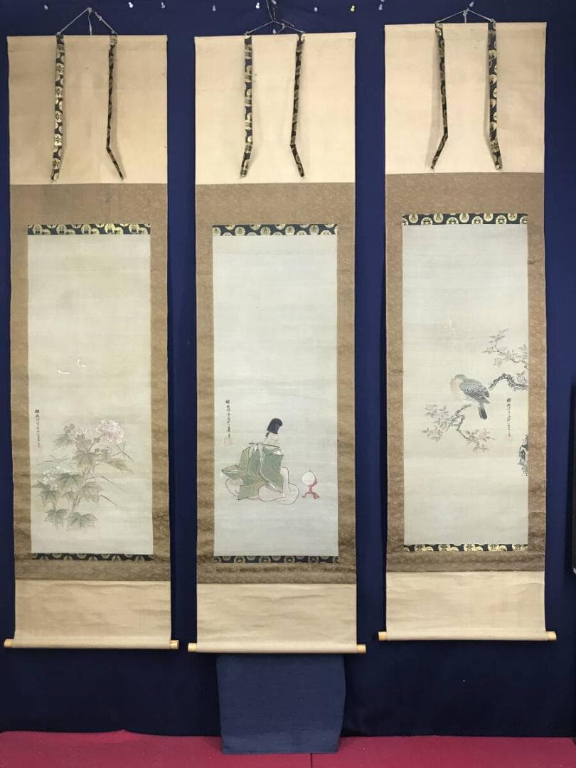 真作/狩野探幽/成道、鳩、芙蓉図/三幅対/極札/花鳥図/掛軸名家伝来AH-560