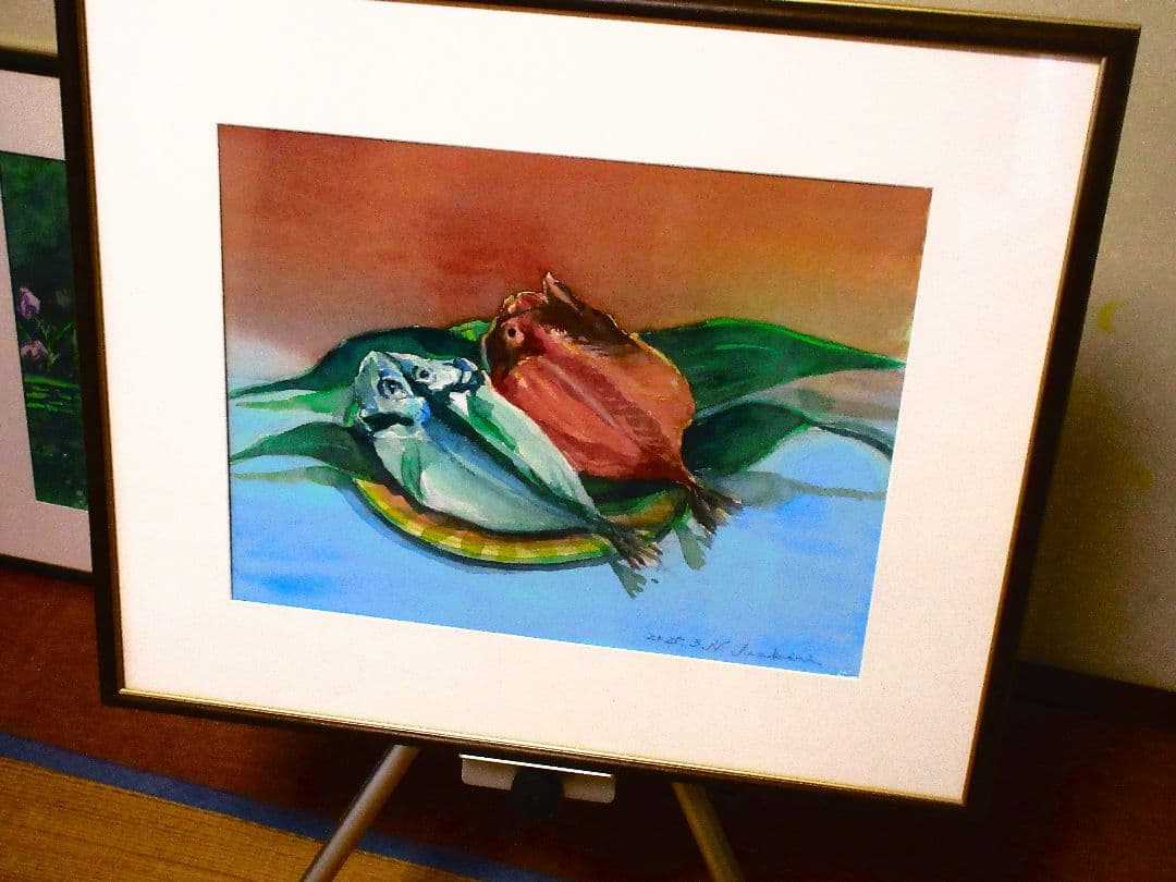 魚の水彩画額縁付き