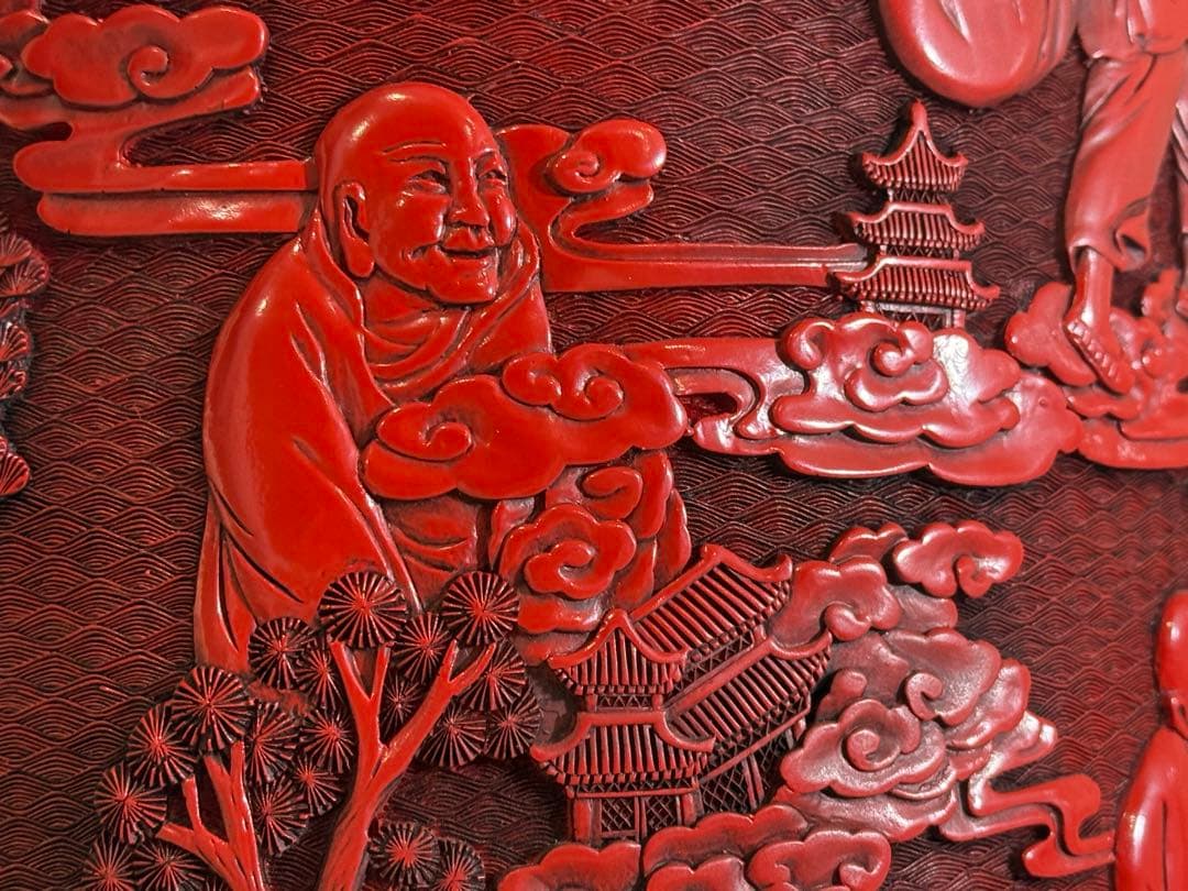 中国 堆朱 刻人物 筒 文房四宝