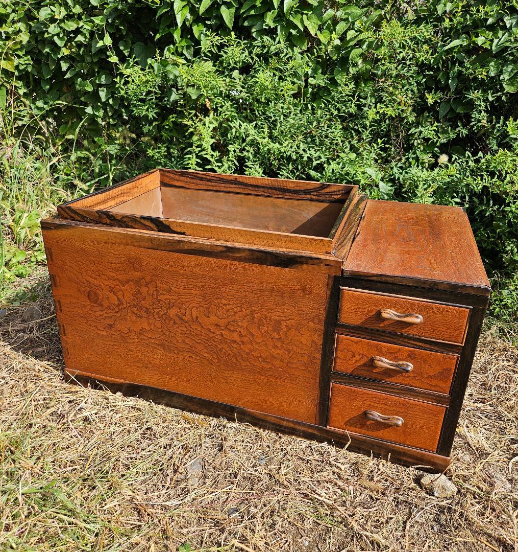 日本のアンティーク 角火鉢 黒柿×欅 玉杢 灰入れ 古民家 和室 和モダン