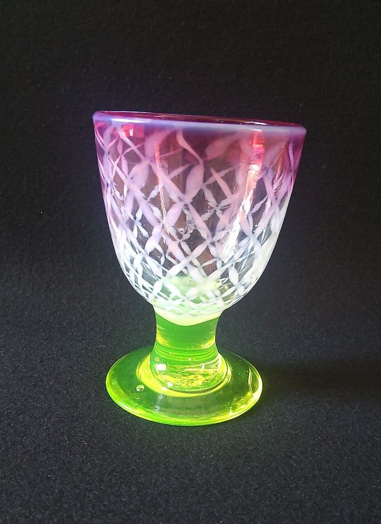和ガラス　金赤縁七宝繋文　三色氷コップ　ウラン足　吹きガラス