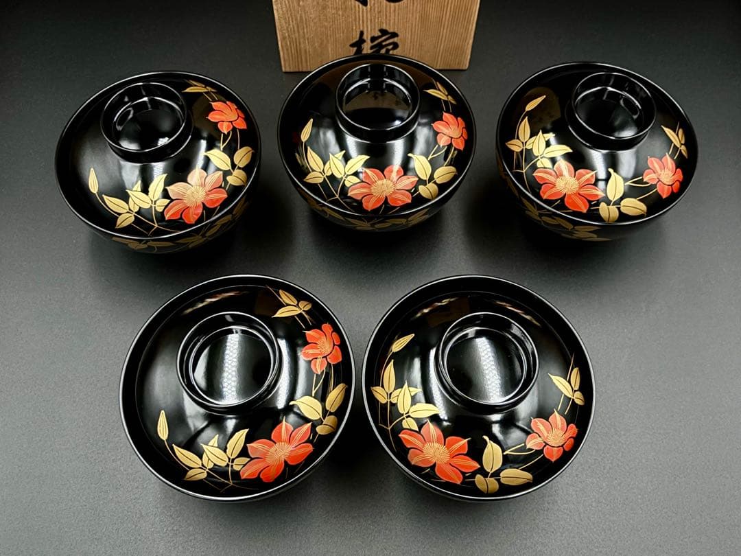 希少　会津塗り　蓋付きお椀5客・茶托５客　セット　漆器　箱付　味噌汁　汁椀