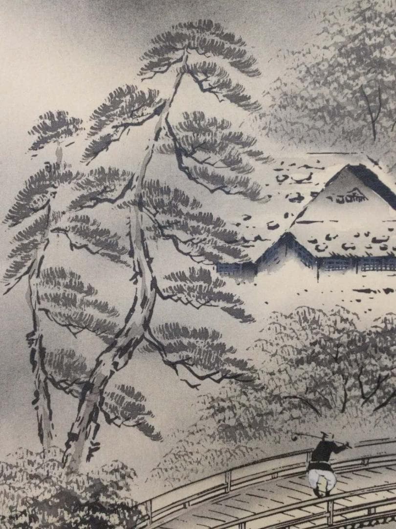 掛軸 秀峰『水墨山水図』日本画 絹本 肉筆 共箱付 良好品 掛け軸 k03031