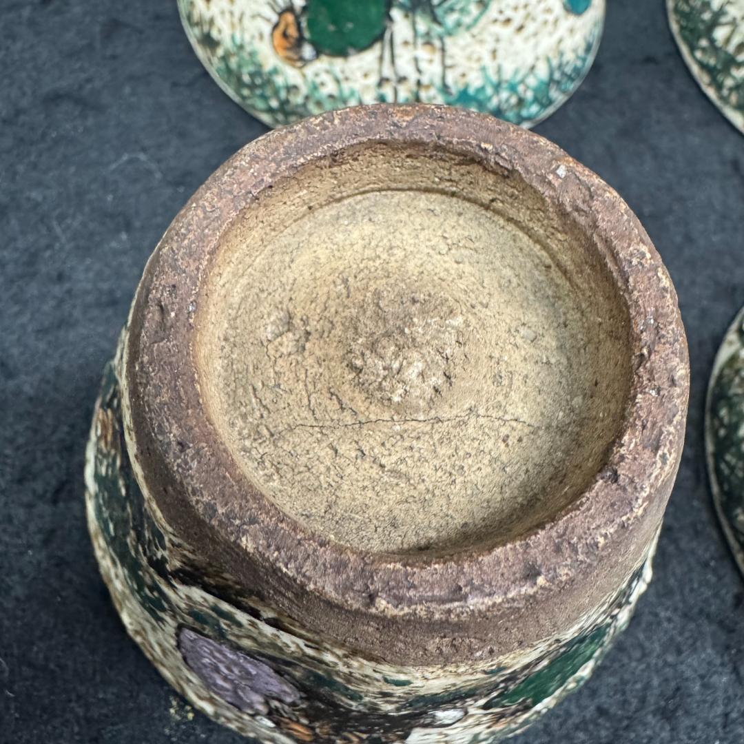 明治時代 犬山焼 竹林賢人雲錦手文様 骨董品 湯呑４客 時代物キズあり