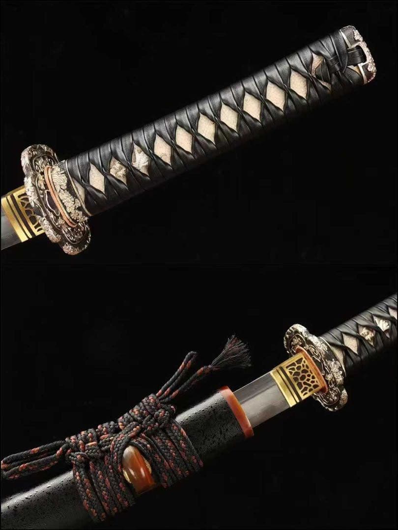 本脇差「桜洛」 黒石目鞘 銀鎏金装 皮革柄巻き 武具 日本刀 模造刀 鑑賞用