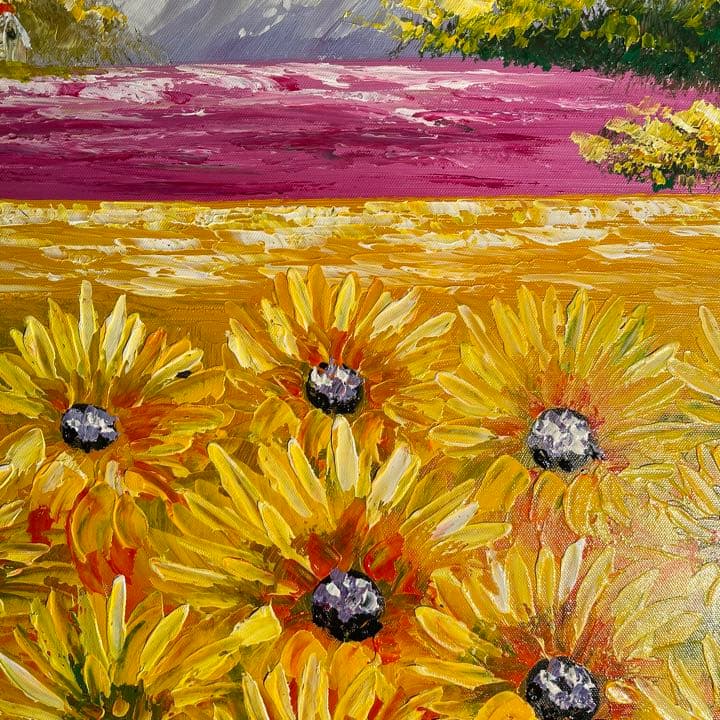 手書き油絵 ひまわり畑（大）額付 絵画 インテリア 油彩画