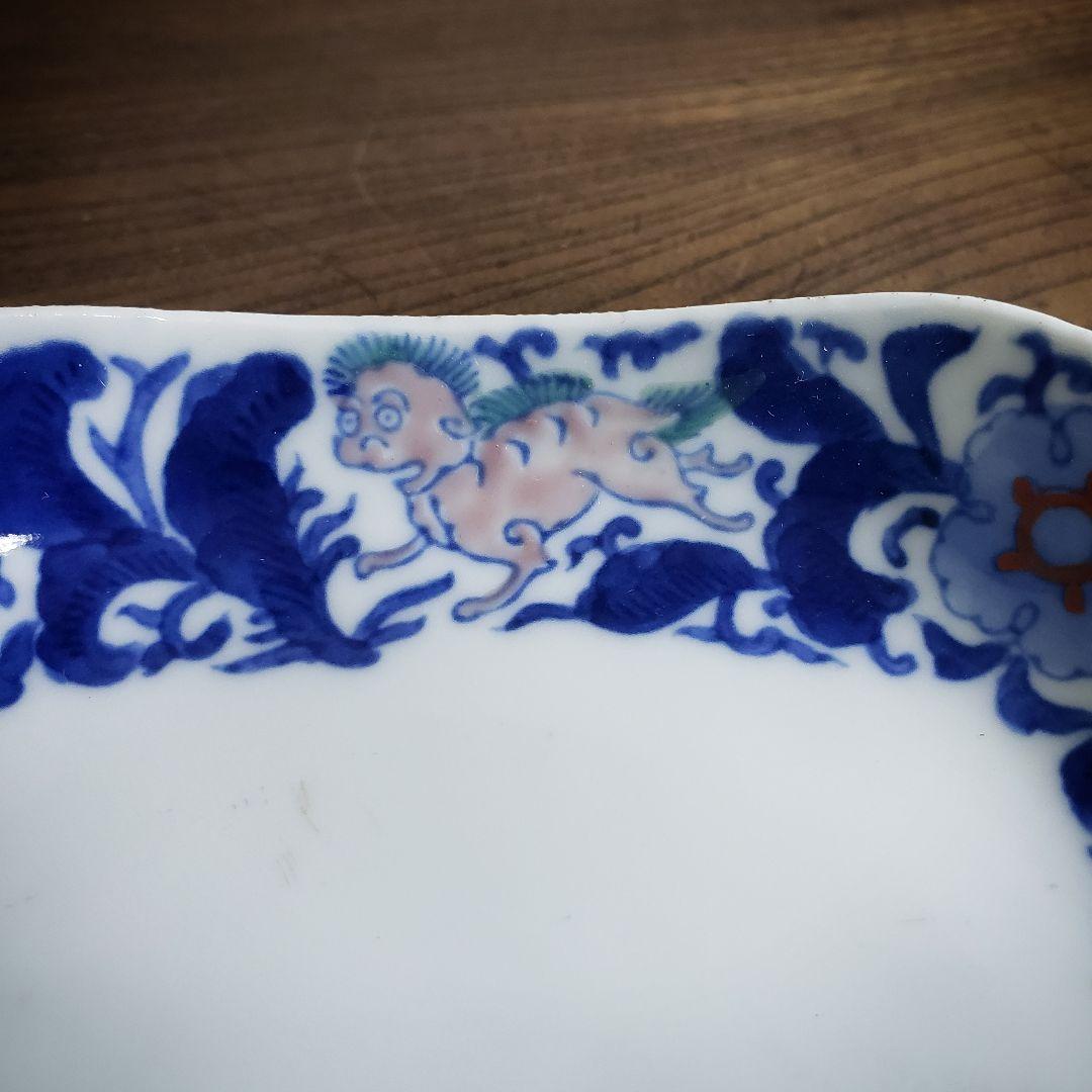 角皿　古伊万里　色絵　獅子　麒麟　七宝紋　唐花草　銘　明治　大正　訳あり