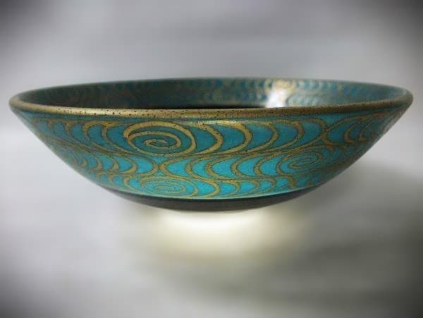 緑地金襴手波文 茶碗 平安「桐鳳」 手塚影雲 作 茶道具 抹茶茶碗 共布