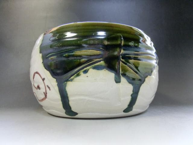 水指■織部焼き 緑釉 涙痕 大振り 大きい 平水指 陶器 お茶道具 時代物骨董■