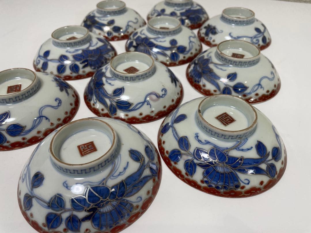 【現状品】古伊万里 染付 蓋付飯碗10客 金彩 蝶 レトロ アンティーク