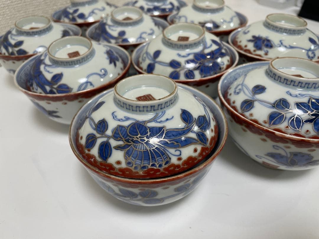 【現状品】古伊万里 染付 蓋付飯碗10客 金彩 蝶 レトロ アンティーク