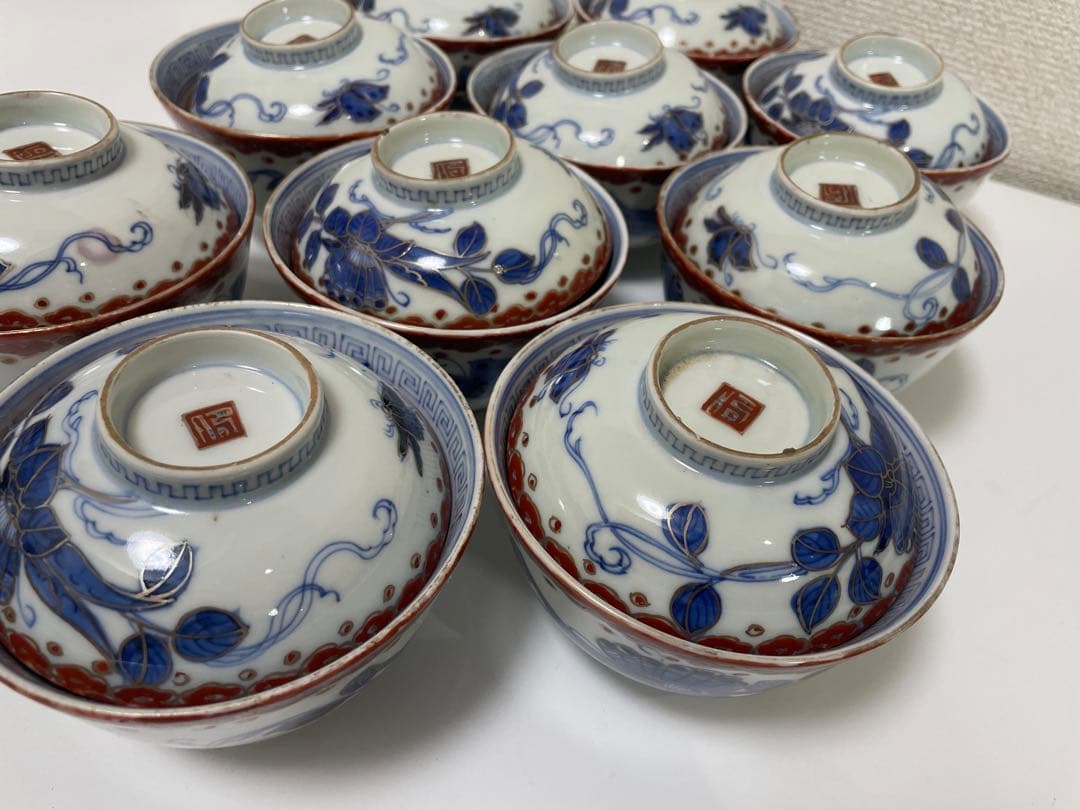 【現状品】古伊万里 染付 蓋付飯碗10客 金彩 蝶 レトロ アンティーク