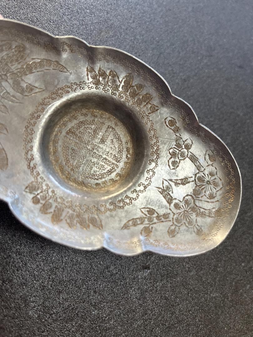 中国美術 古錫　茶托 五客　総重339g 錫 刻花卉寿字紋茶托・托子 煎茶道具