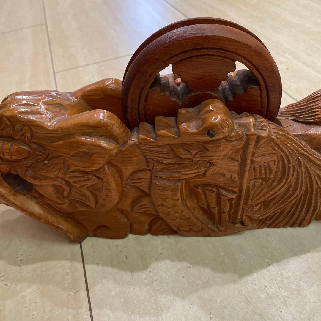木彫り 特大　墨壺　鶴亀龍　彫刻 大工道具 工芸
