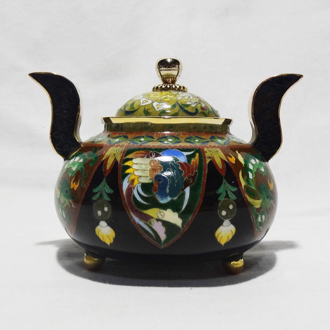 【錦雲軒 稲葉七宝】 玉形耳付古代文 七宝香炉 共箱 茶道具 香道具