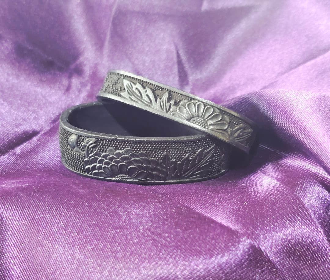 菊花文 銅地緑頭 半太刀拵 縁頭・栗形・尻金 揃金具 大縁42mm