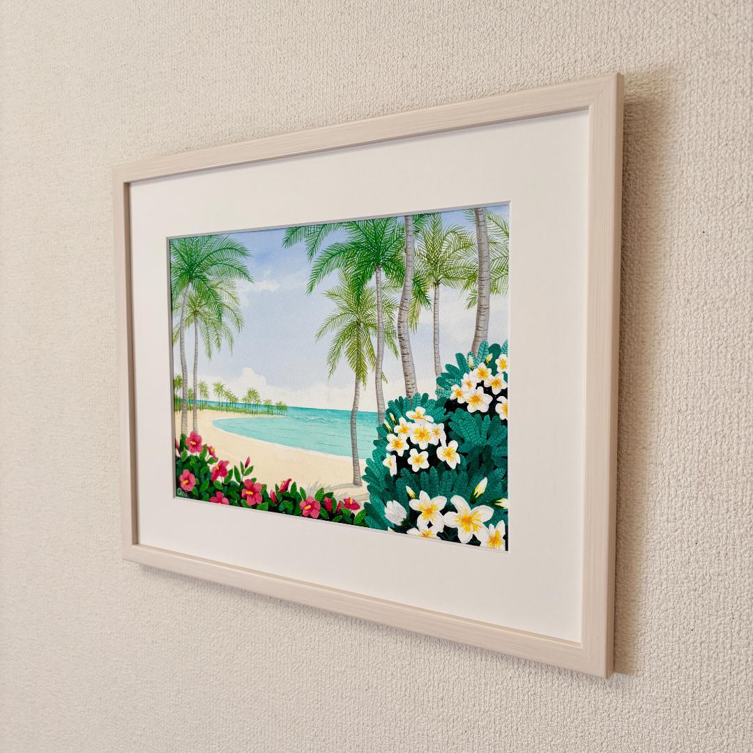 透明水彩画　原画　「ハイビスカスとプルメリア」額縁付き　F4サイズ　風景画