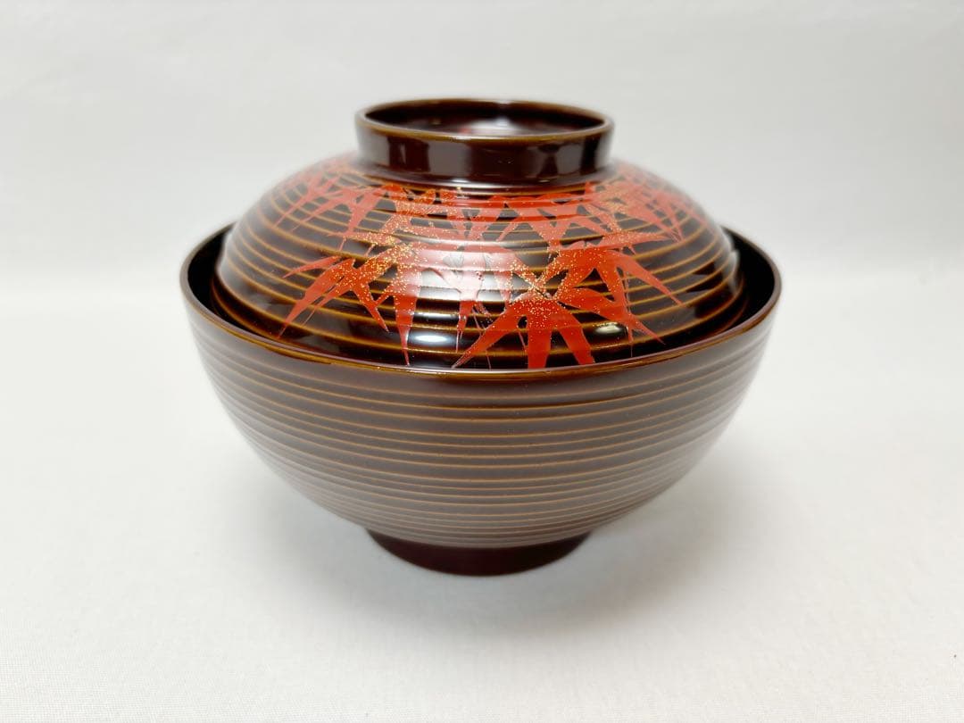 ほぼ未使用 懐石道具 張間麻佐緒作 輪島塗 木製朱竹蒔絵 煮物椀5客千筋共箱