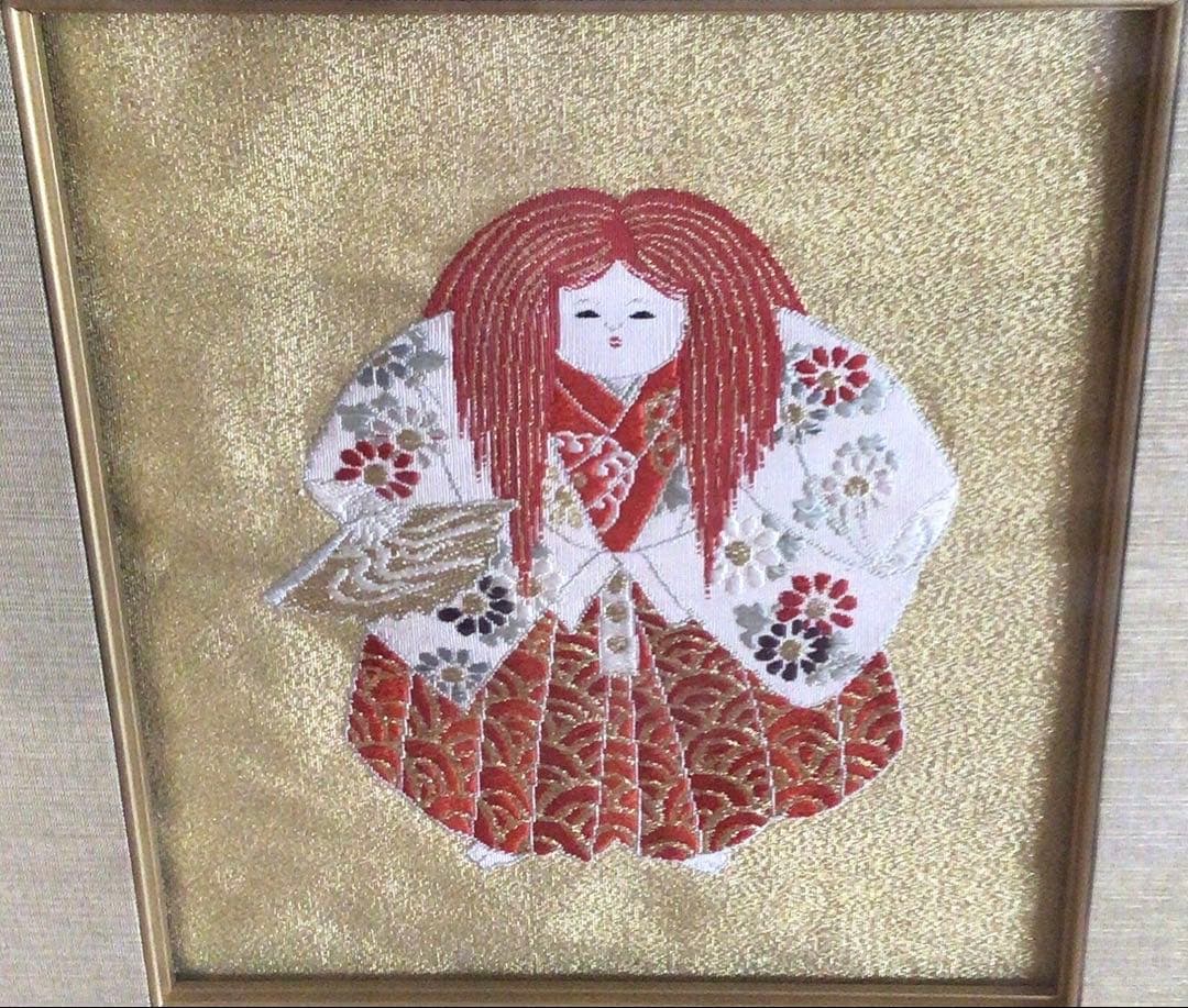 [美品]額入り袱紗　子供獅子　金糸入り袱紗　額嵌め込め作り　アンティーク品