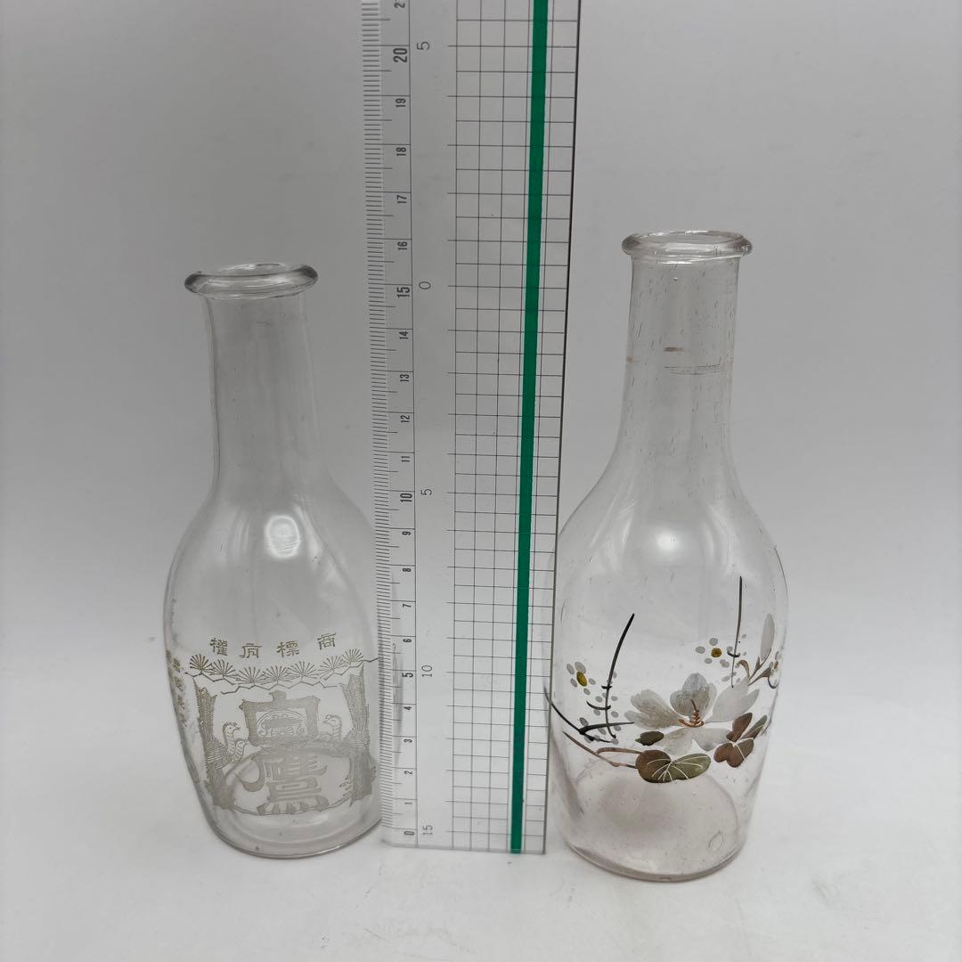 ガラス 徳利 花図 手描き酒器 レトロ花柄　ガラス瓶　2個
