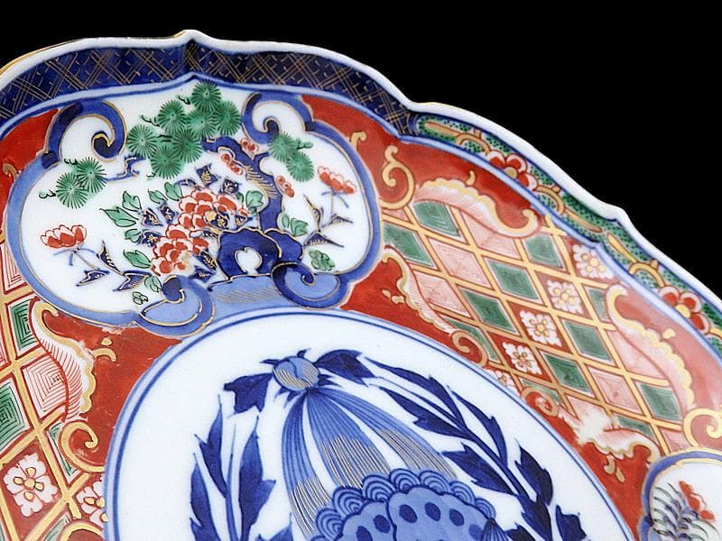 大聖寺伊万里　金襴手　窓絵　松竹梅に獅子の図　８寸皿　F246 AS-CZr