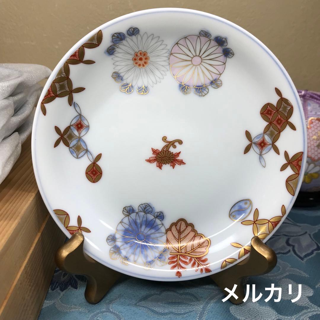 深川製磁　菊七宝　希少品　和皿揃　５枚１式　木箱入り　【廃番美品】