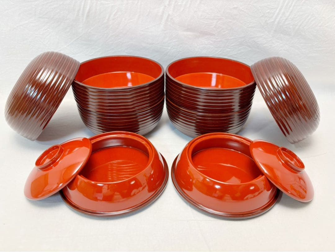 ほぼ未使用 茶道具 木製溜塗 信玄三段弁当 2客揃 千筋 内朱 紙箱