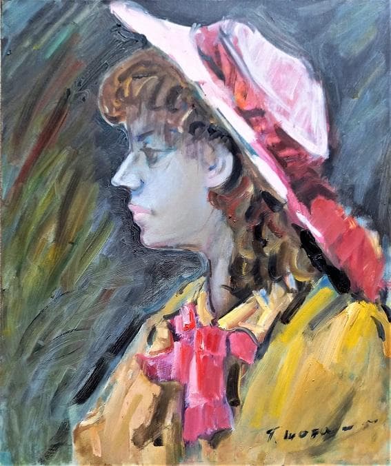 作者T・モーファン　　タイトル「帽子の女」　F８号　　油彩　額装