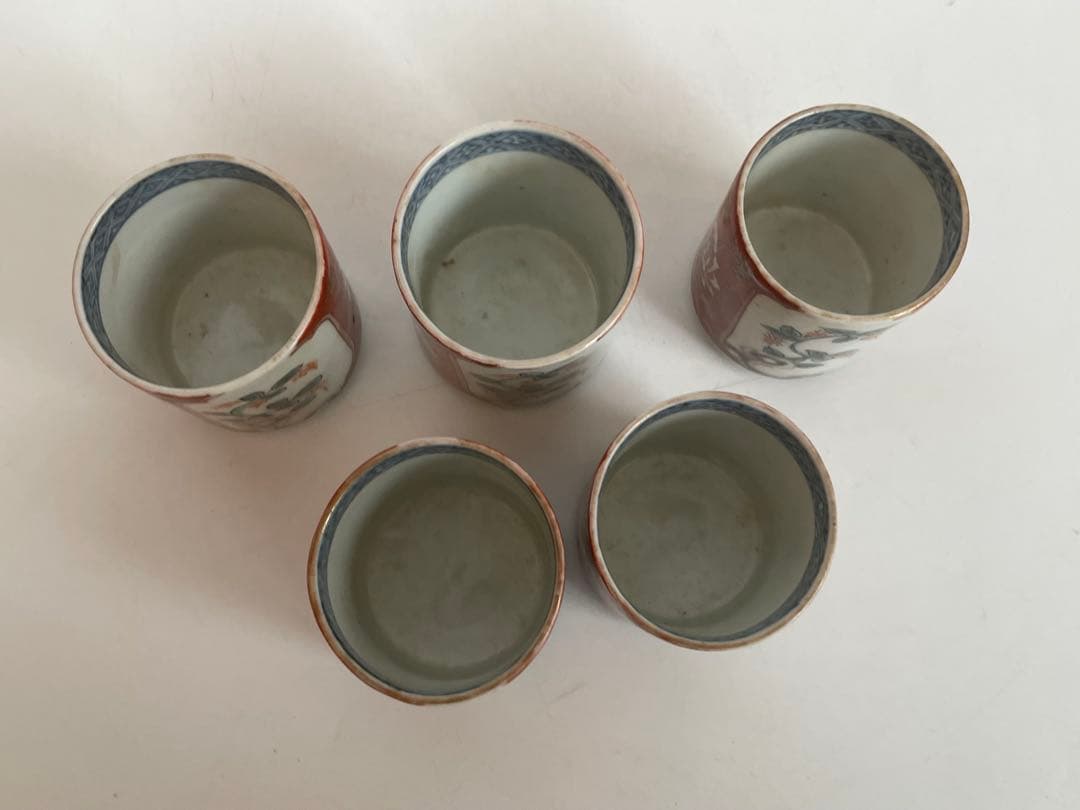 骨董　アンティーク　古伊万里　色絵　覗き猪口　　5客　筒杯　共箱