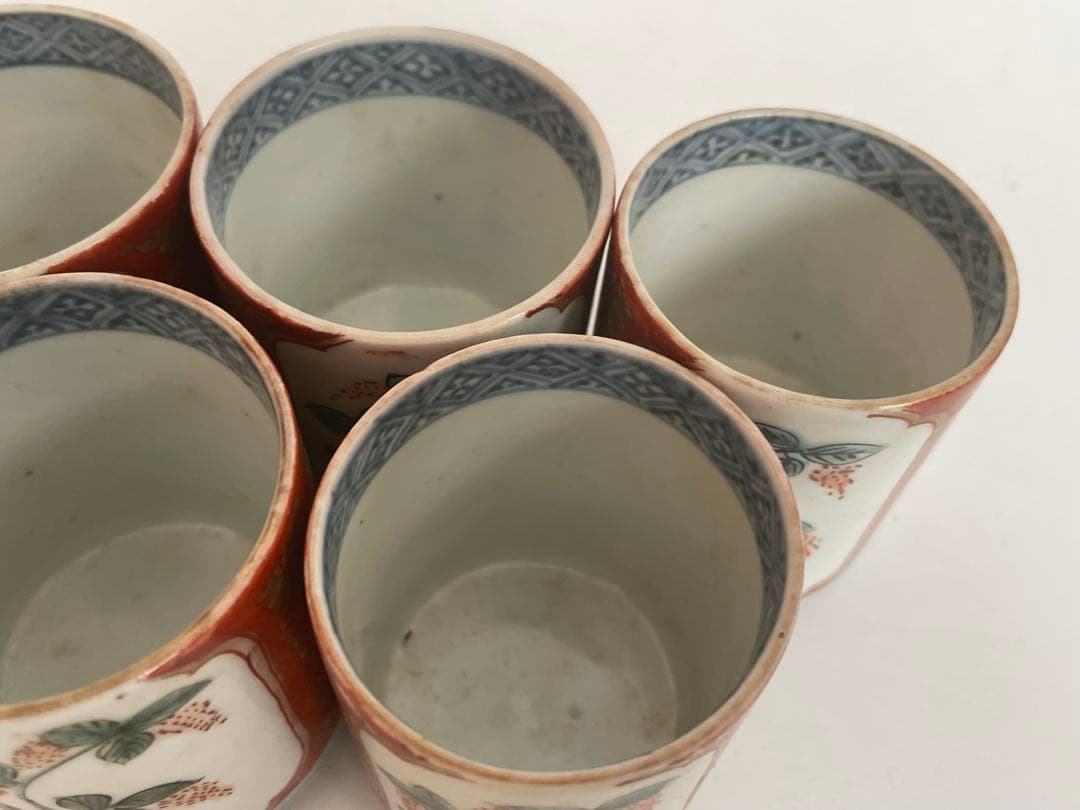 骨董　アンティーク　古伊万里　色絵　覗き猪口　　5客　筒杯　共箱