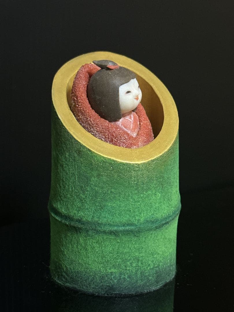 本珊瑚 高知県 珊瑚細工 名人 大堀正寿 作 『竹取姫」 置物 桃赤珊瑚