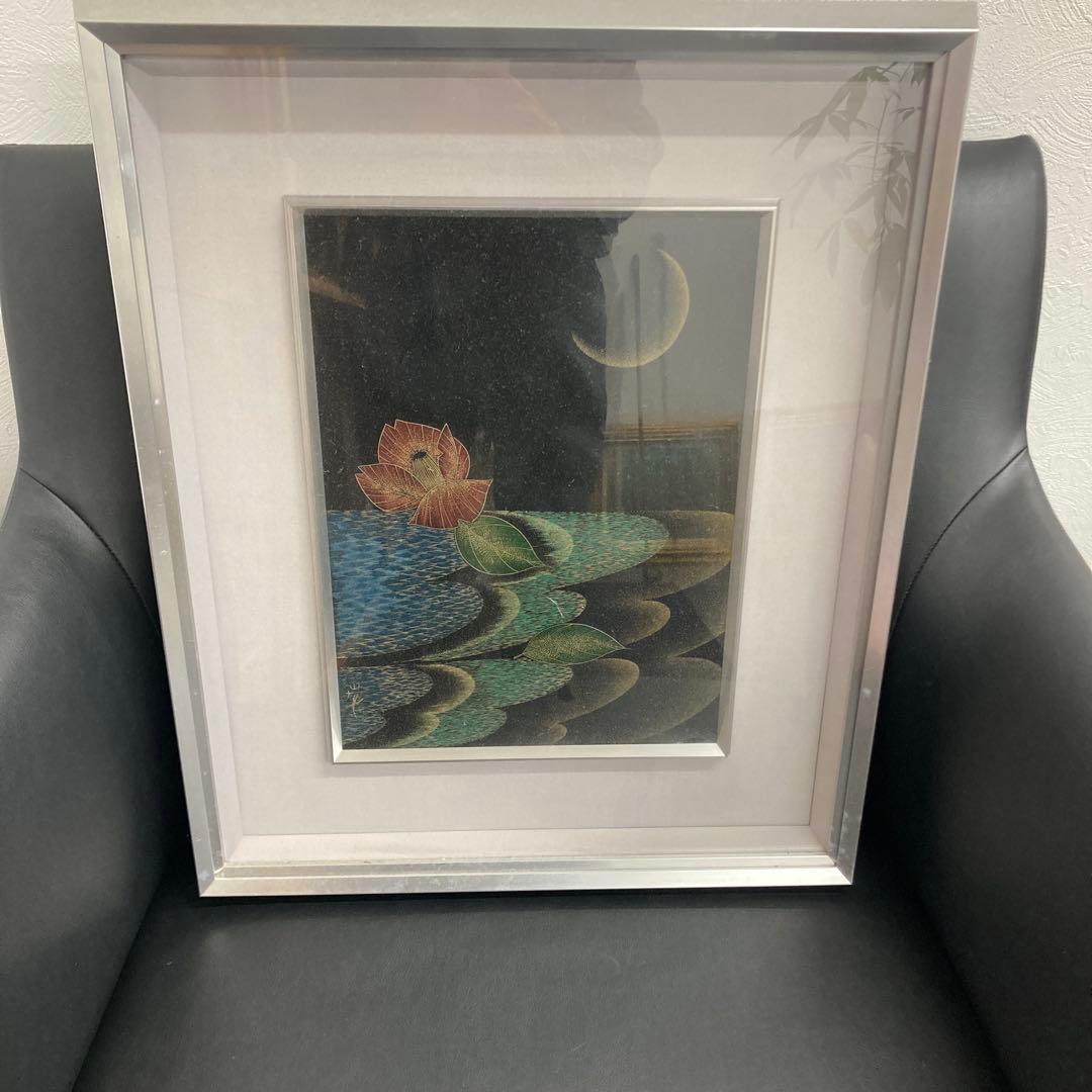 水面の睡蓮と月のアート作品　漆画　アート　美術品