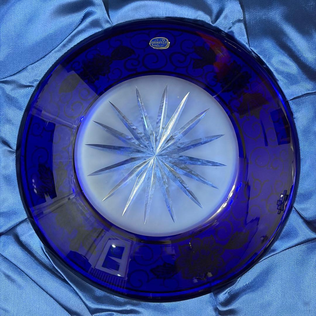 旧チェコ製 ボヘミア 鉛クリスタル 金彩 飾皿 24.5cm 箱付