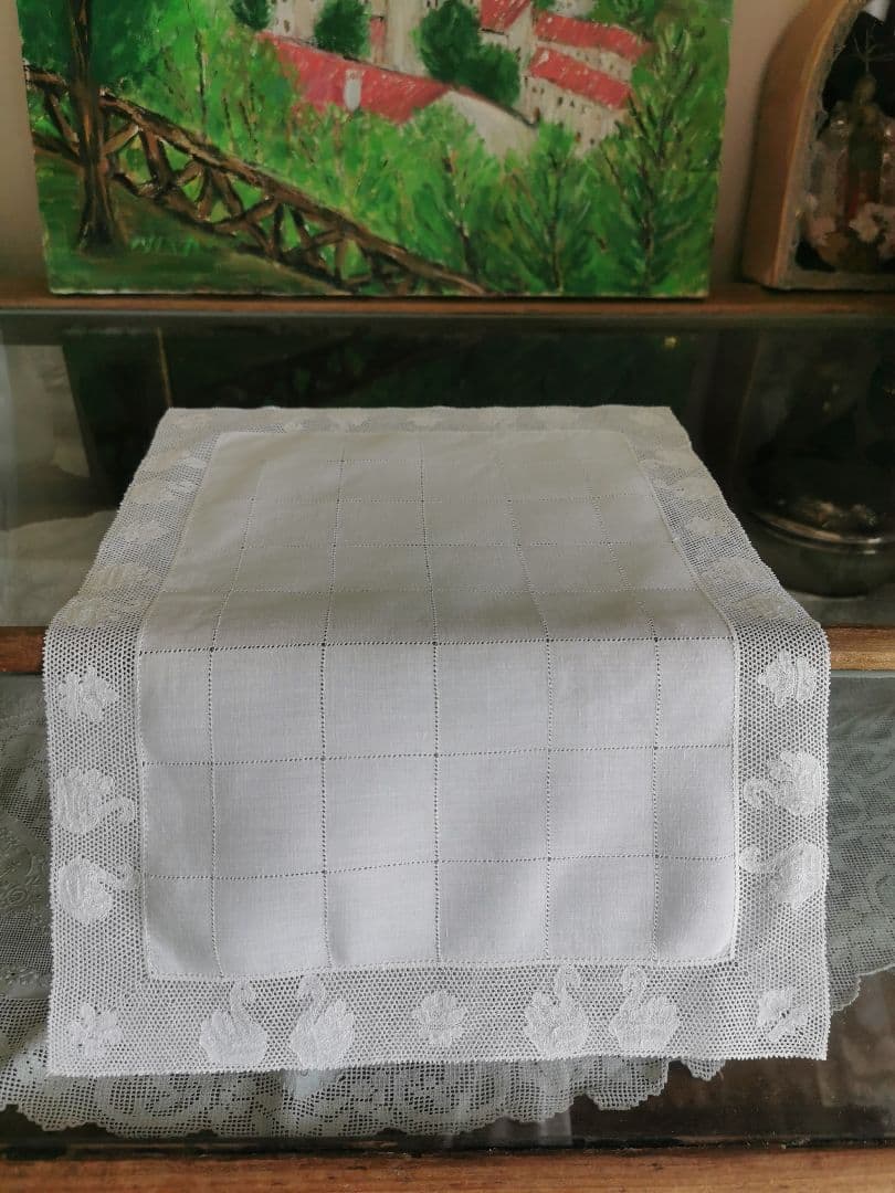 アンティーク ポワンドパリ 白鳥と水草 格子ドローンワーク 極細糸リネンランナー