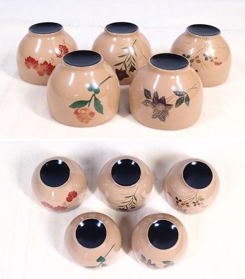 【未使用】輪島塗 塩安製 白漆 絵変わり蒔絵 湯吞 5客 湯吞茶碗 茶器/漆器