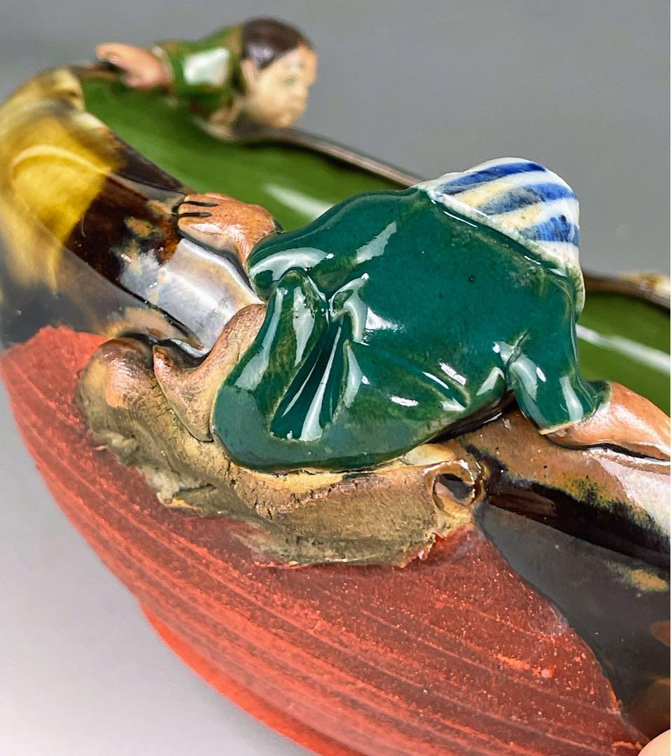 隅田焼 井上良斎 高浮彫人物立体造形焼物 明治期 ボウル トレイ 深皿 鉢