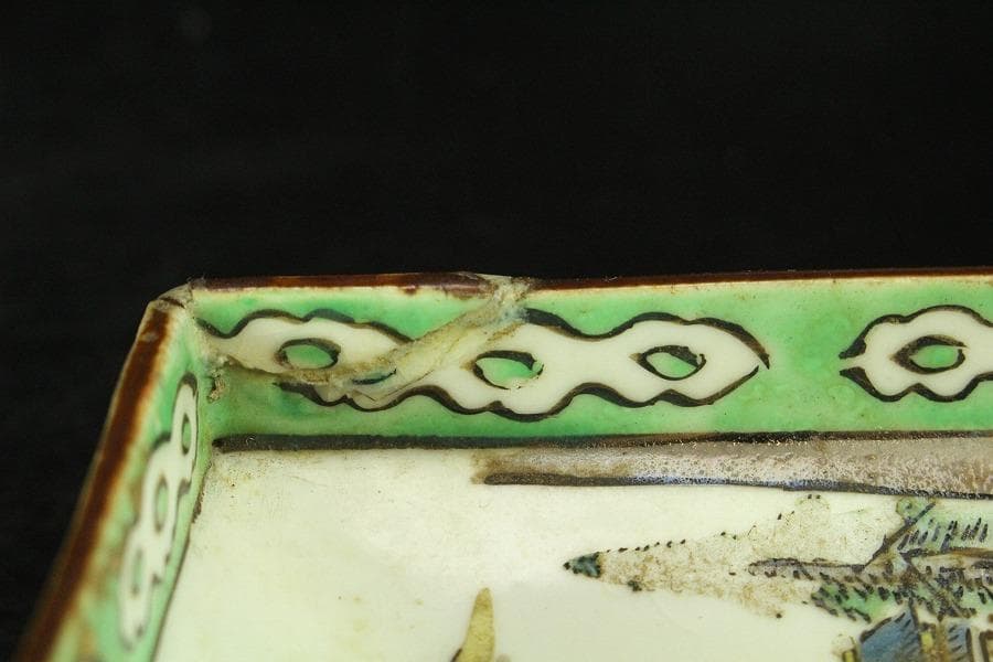 古九谷 四方 皿 六客 時代物(K-XA844)