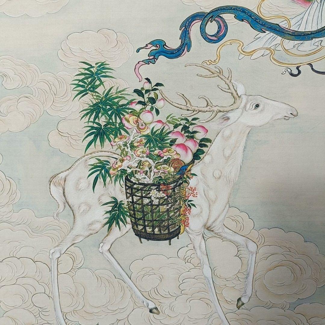 中国画 唐寅 献寿図 中堂 掛け軸／証明書・防偽マーク付き