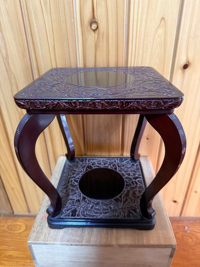村上木彫堆朱　香炉台　朱溜塗　連峰作　共箱付