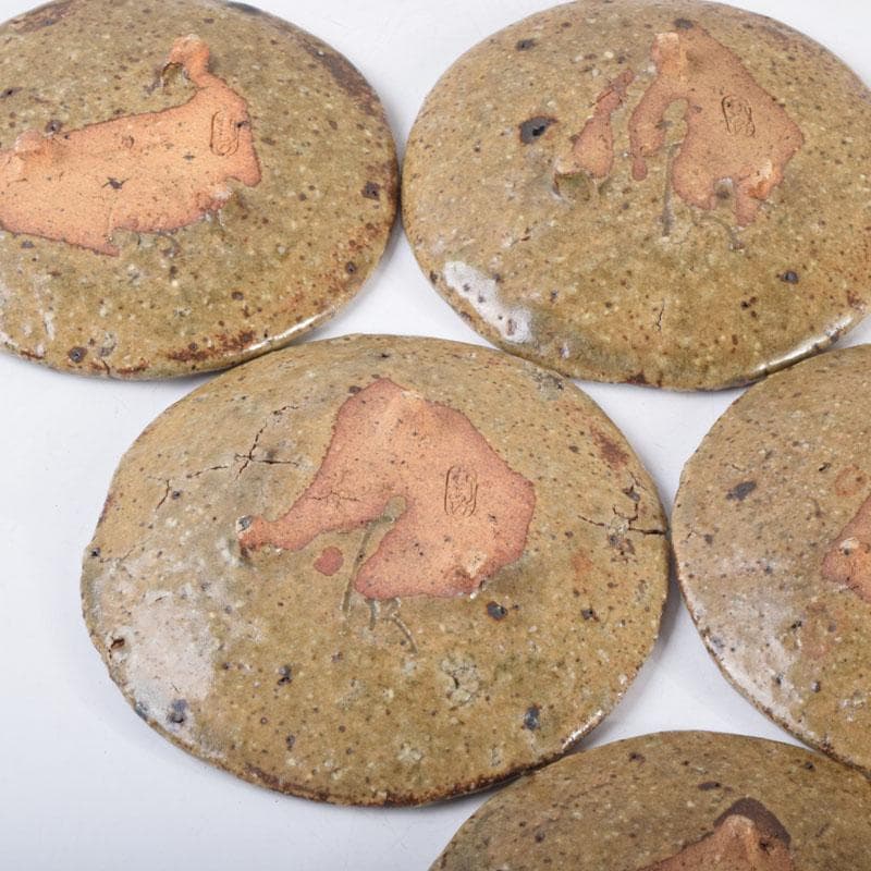 虫明焼　三つ足銘々皿　六客　時代箱　N　8673