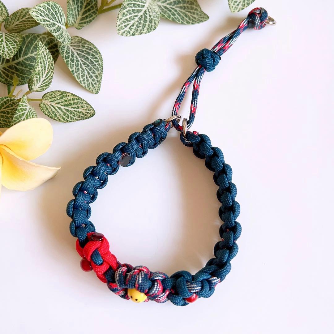 パラコード首輪　ハーフチョーク　ネイビー　にこちゃん　No.0152