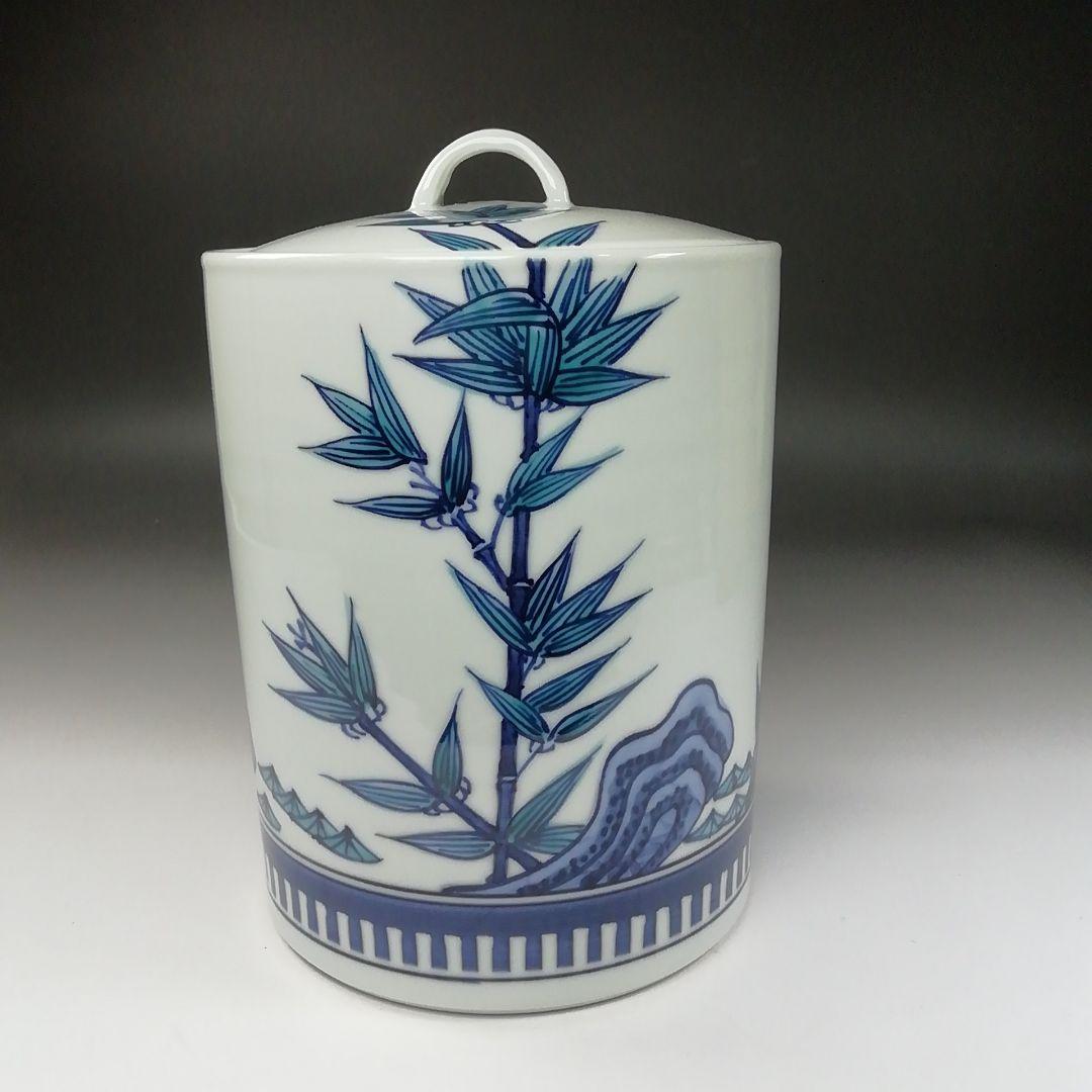 Ｔ１９３　水指　『染付　岩竹』『押小路窯　庄左ェ門』　共箱　茶道具