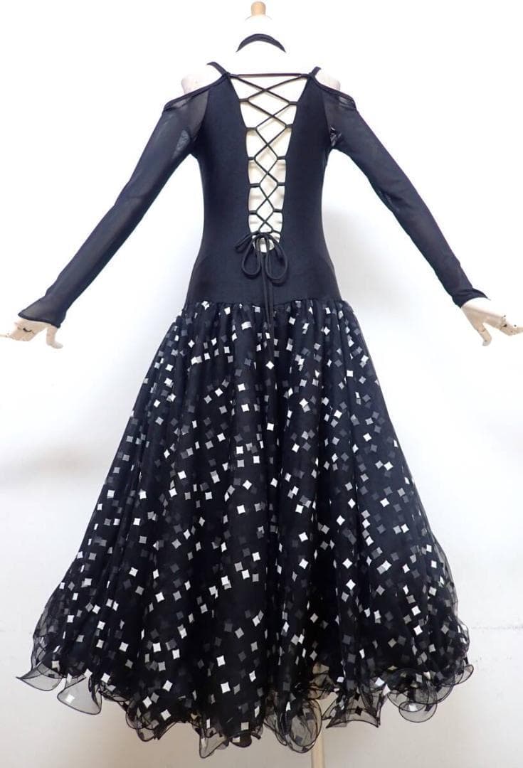 B1584★美品★M★黒/オフ白/ワンピース/スタンダードドレス☆社交ダンス