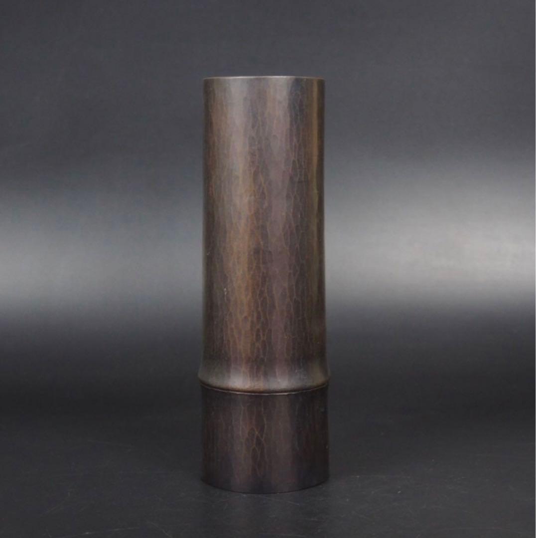 送料無料　松栄堂製　鎚起銅器　竹形花入れ　共箱・黄布　茶道具　希少品