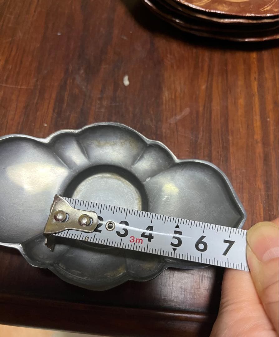 煎茶道具　錫製茶托　乾茂號造　剣木瓜　5枚古錫茶托　アンティーク煎茶道具