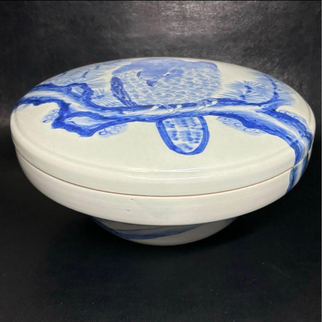 江戸期 古伊万里 染付！良き図柄！松に鷹(鷲)図！蓋物/喰籠 1点！