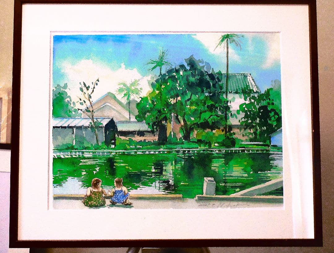 水彩画 (懐かしい思い出の風景)額縁付き